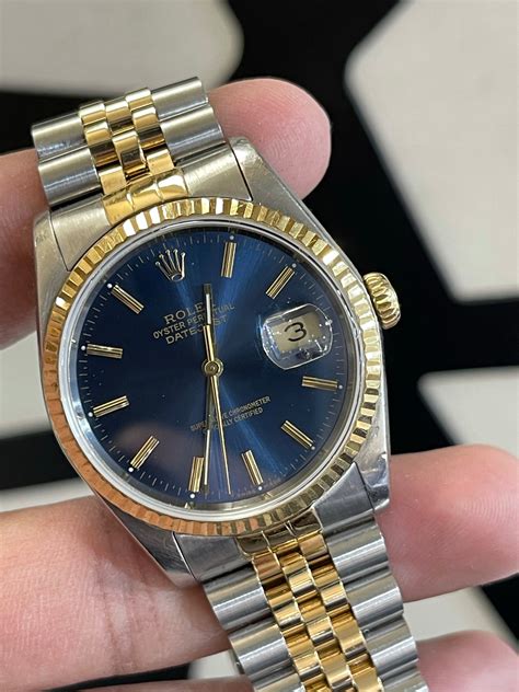 Rolex Datejust 18K GOLD SS 16233 Blue Sunburst Dial Diamond 